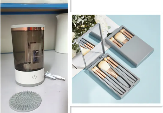 Electric Makeup Brush Cleaner with USB Charging on vanity table