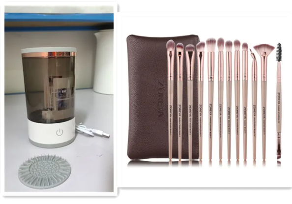 Electric Makeup Brush Cleaner with USB Charging on vanity table