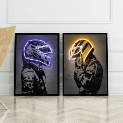Lienzo de arte de casco retro neón – Decoración vintage de pared